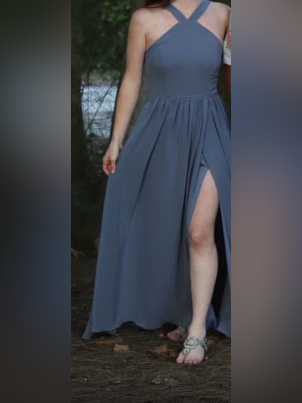 Sleeveless Crisscross Neck Slate Blue Maxi Dress with Thigh Slit
